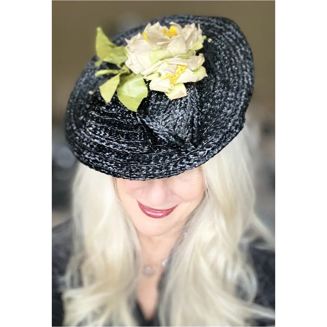 Vintage WW2 Black Straw Fascinator Hat 1940s Yellow Flowers O/S Consumer Protection Label