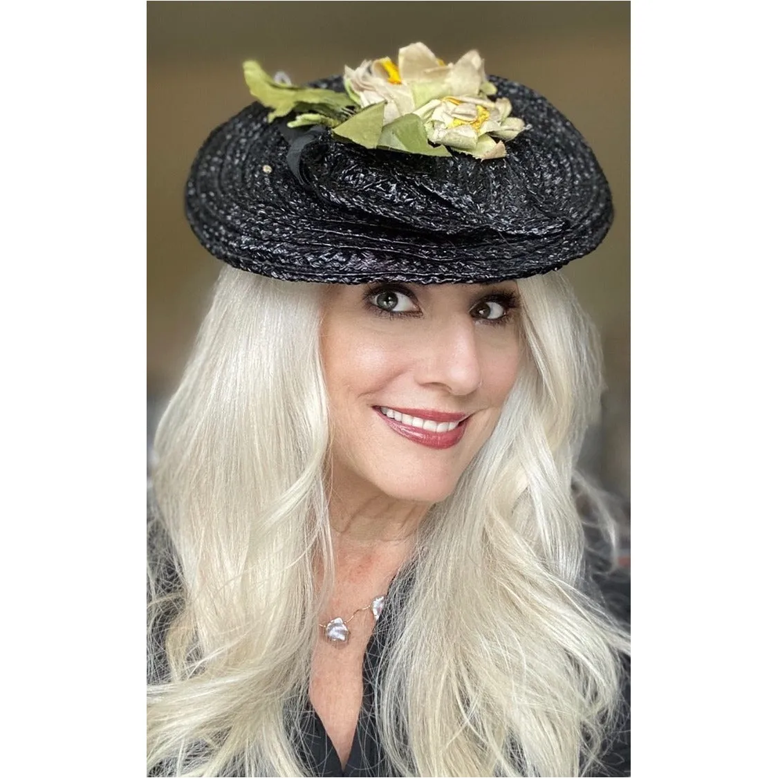 Vintage WW2 Black Straw Fascinator Hat 1940s Yellow Flowers O/S Consumer Protection Label