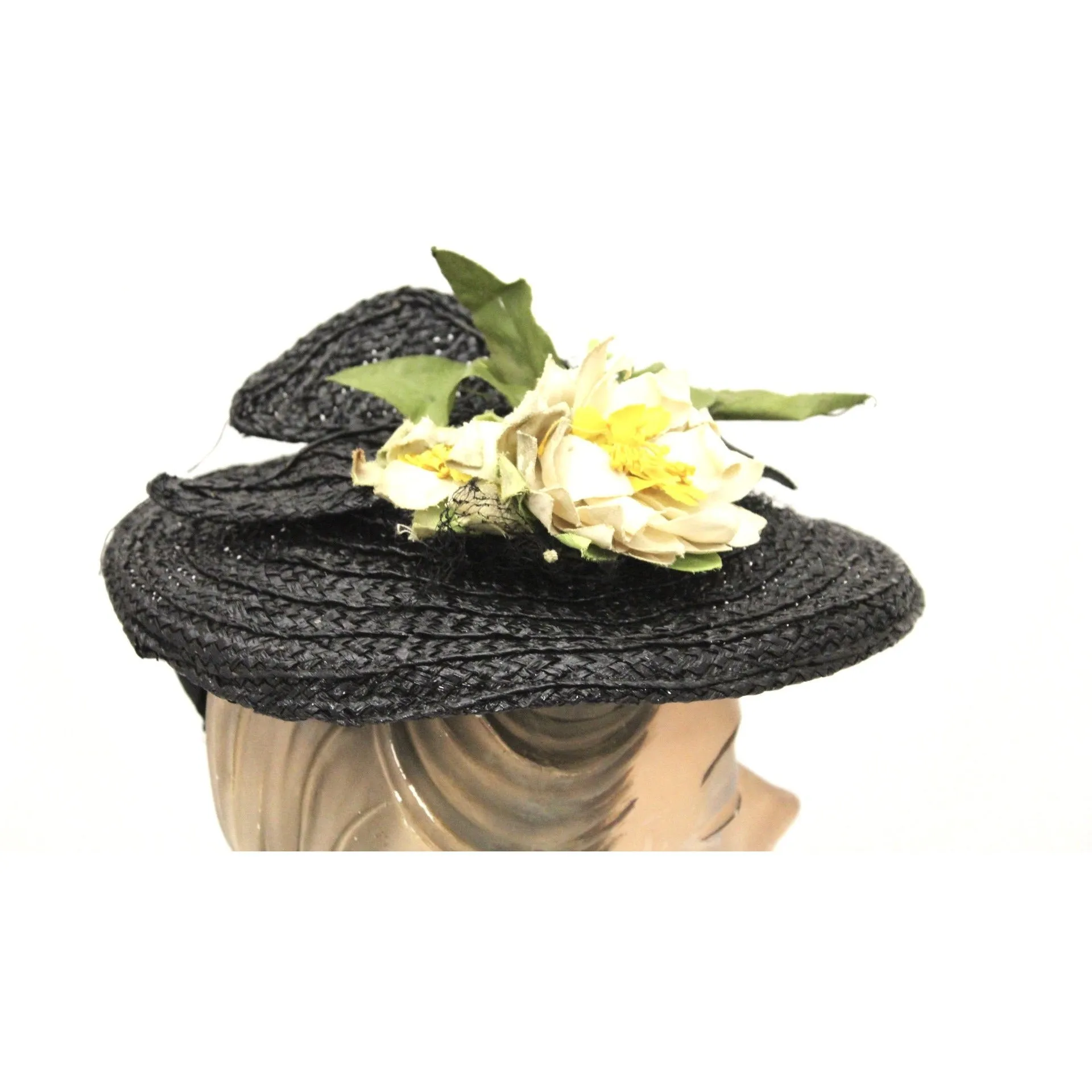 Vintage WW2 Black Straw Fascinator Hat 1940s Yellow Flowers O/S Consumer Protection Label