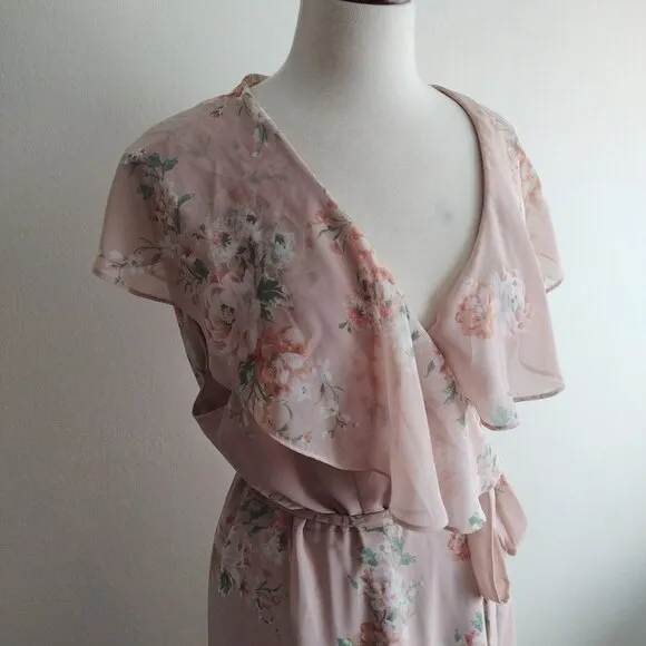 WAYF Polermo Dusty Blush Pink Floral Dress XL NEW Floaty Fairy Wrap