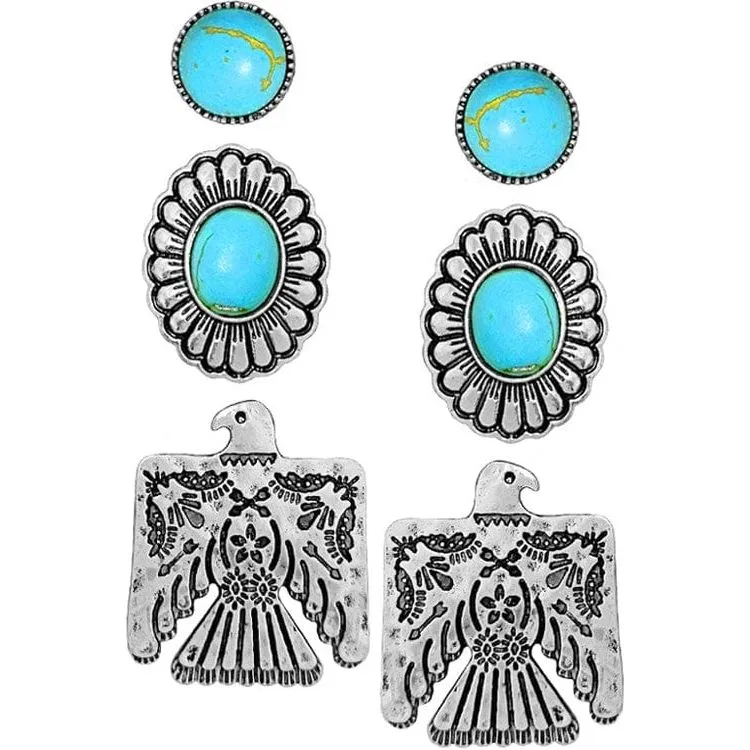 Western Aztec Thunderbird Concho TQ Flower Earring