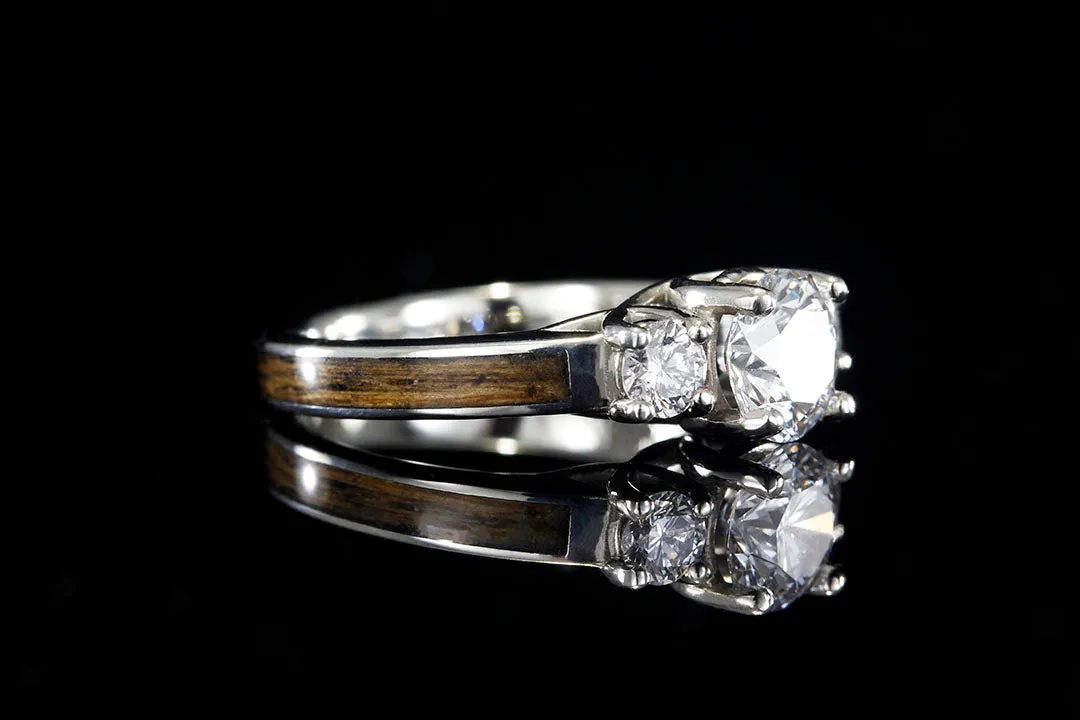 WHISKEY BARREL WOOD 14K WHITE GOLD DIAMOND 3 STONE CURVE RING