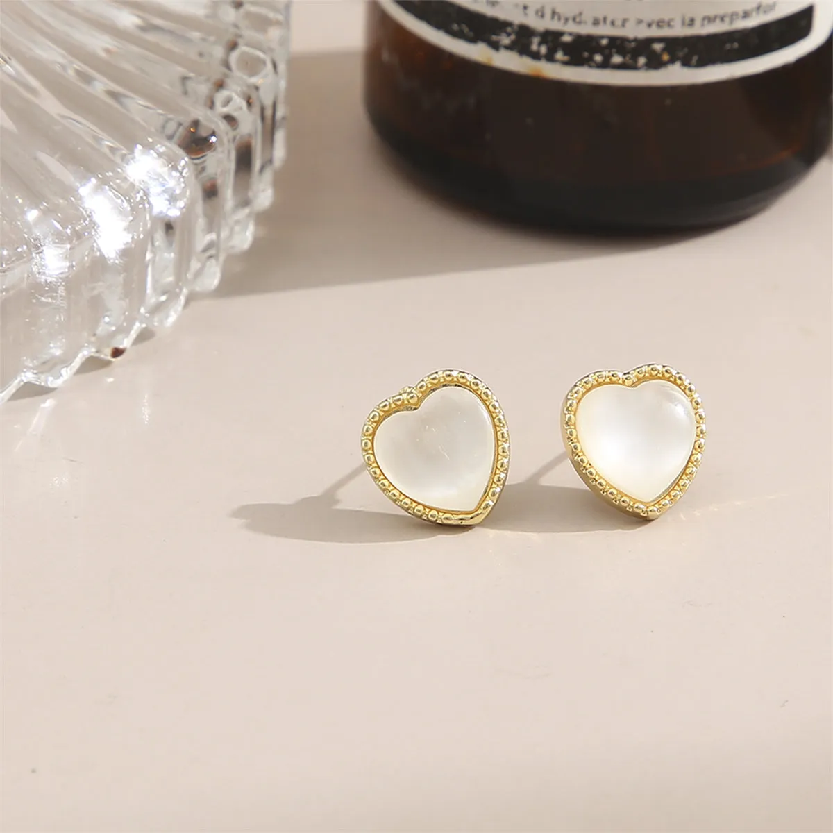 White Cats Eye & 18K Gold-Plated Heart Stud Earrings