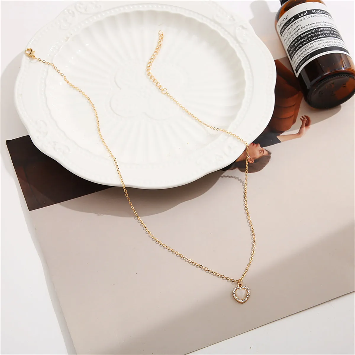 White Cats Eye & Cubic Zirconia 18K Gold-Plated Heart Pendant Necklace