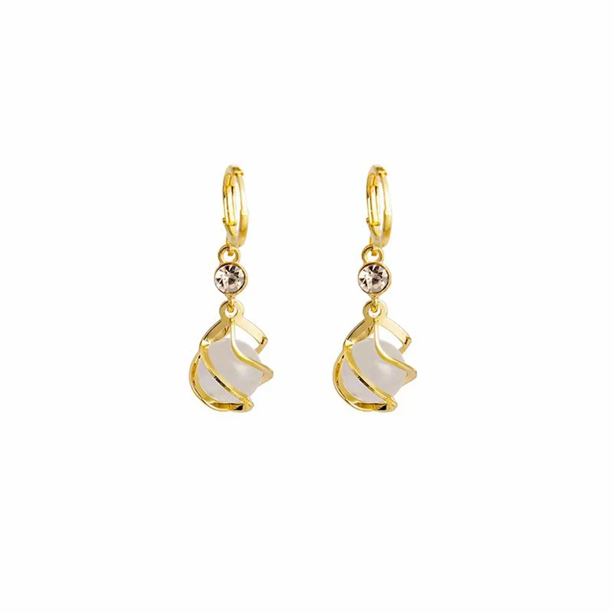 White Cat's Eye & Cubic Zirconia Twisted Huggie Drop Earrings