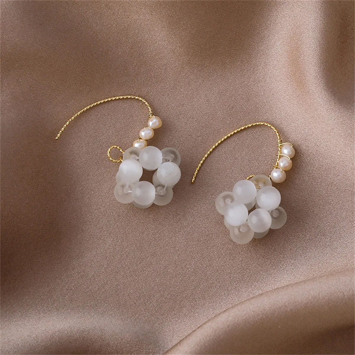 White Cat's Eye & Pearl 18K Gold-Plated Grape-Group Drop Earrings