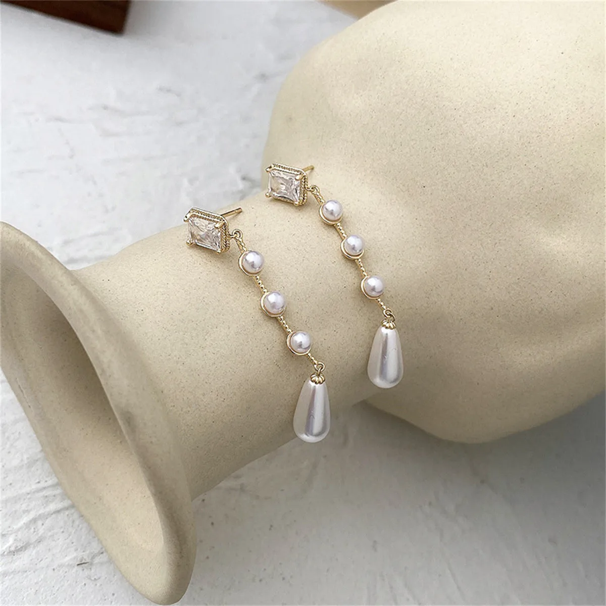 White Crystal & Pearl 18K Gold-Plated Drop Earrings
