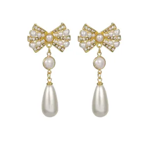 White Cubic Zirconia & Pearl 18K Gold-Plated Bow Drop Earrings
