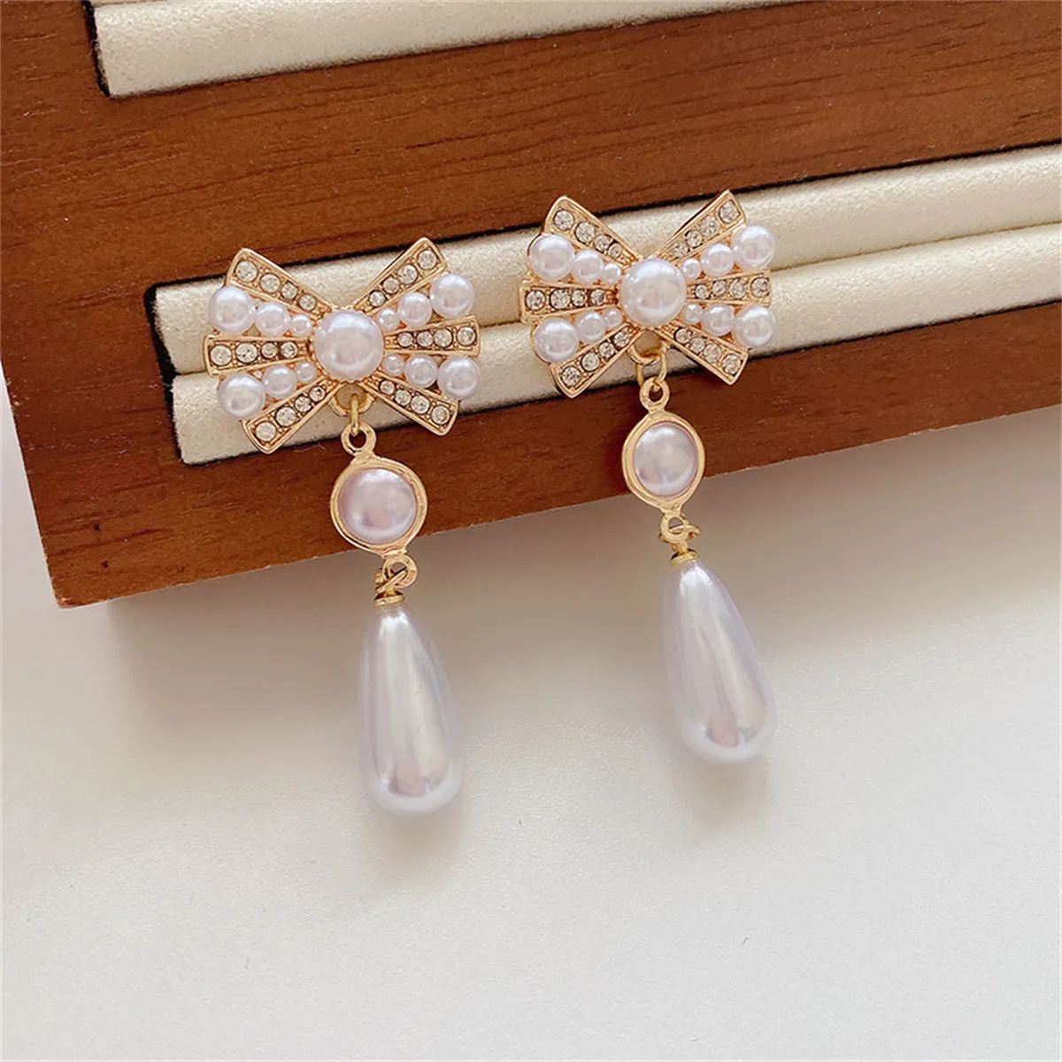 White Cubic Zirconia & Pearl 18K Gold-Plated Bow Drop Earrings