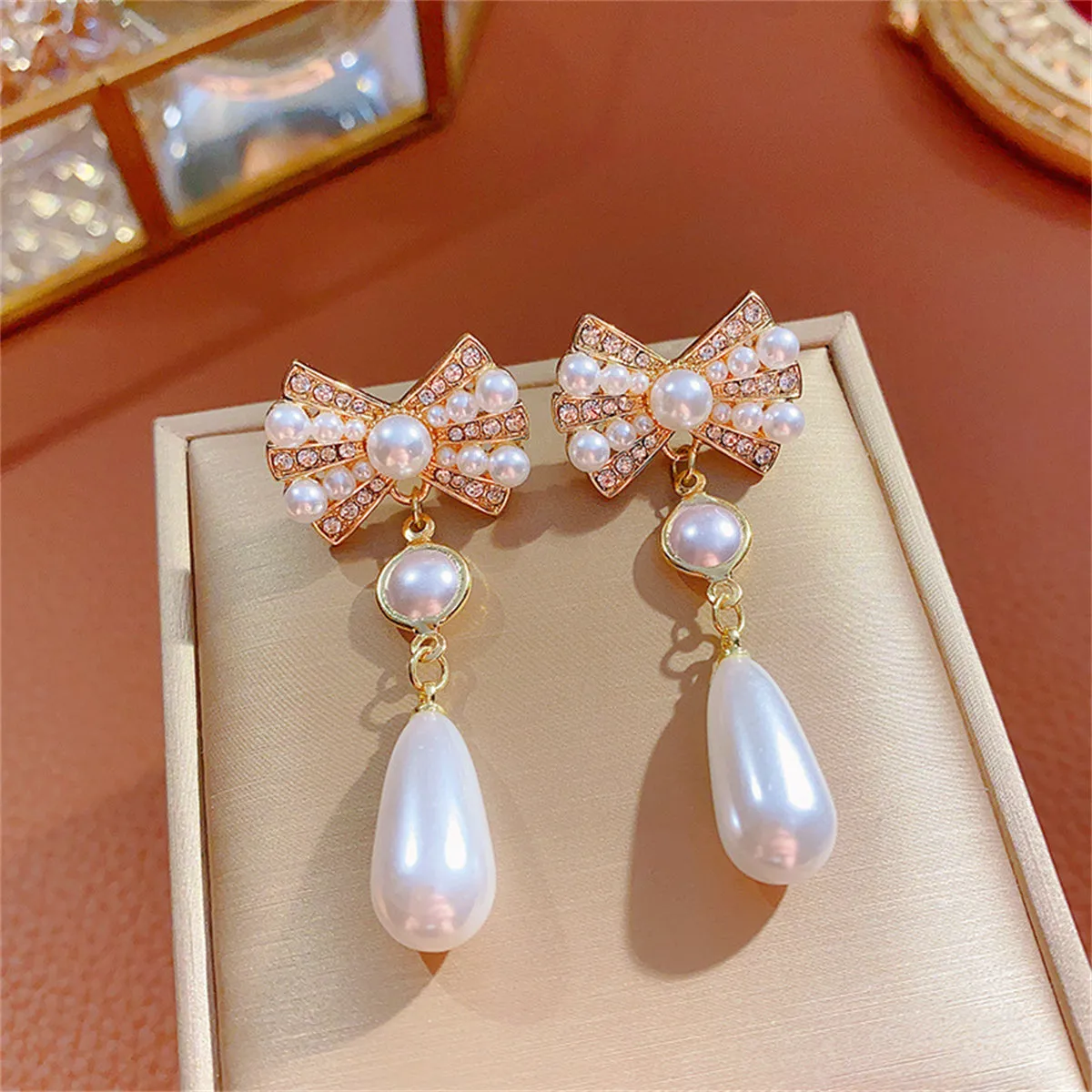 White Cubic Zirconia & Pearl 18K Gold-Plated Bow Drop Earrings