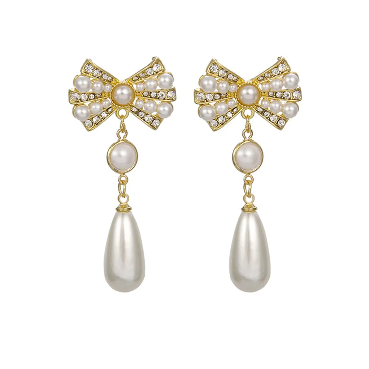 White Cubic Zirconia & Pearl 18K Gold-Plated Bow Drop Earrings