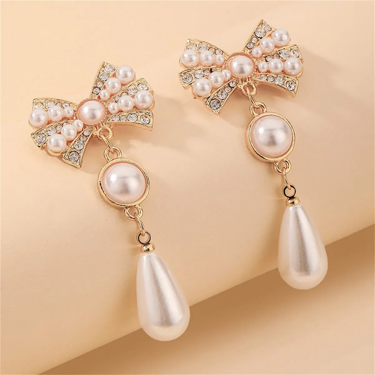 White Cubic Zirconia & Pearl 18K Gold-Plated Bow Drop Earrings