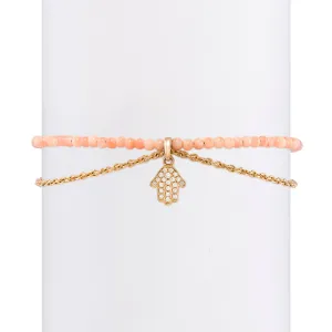White Diamond Dangling Baby Hamsa Bracelet with Small Sea Bamboo Beads & Chain
