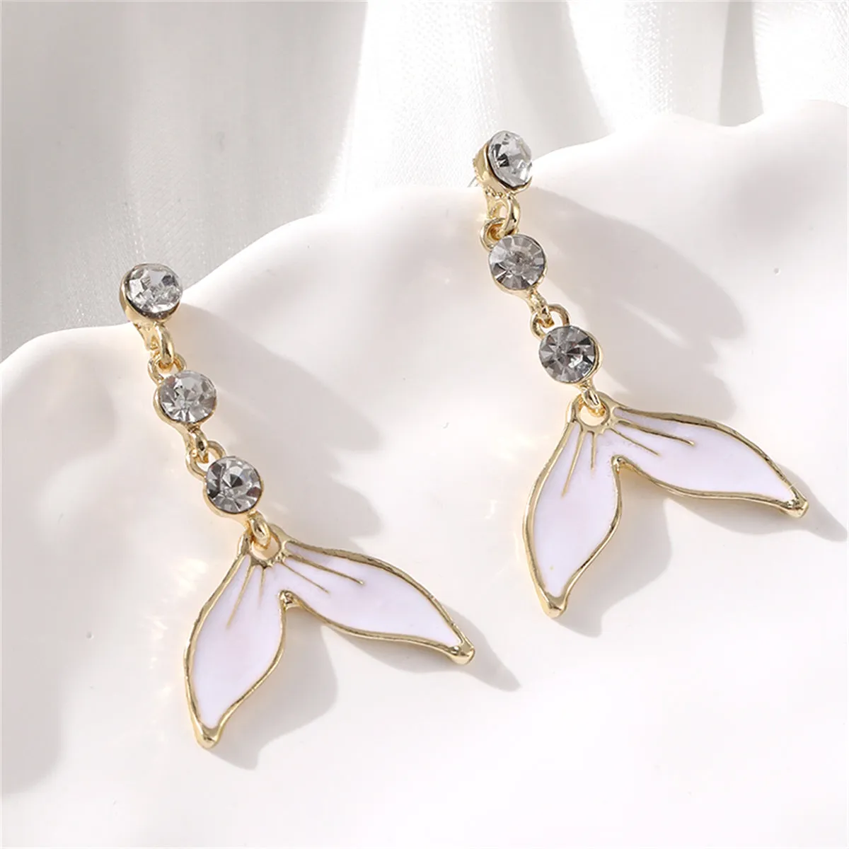White Enamel & Cubic Zirconia 18K Gold-Plated Fishtail Drop Earrings