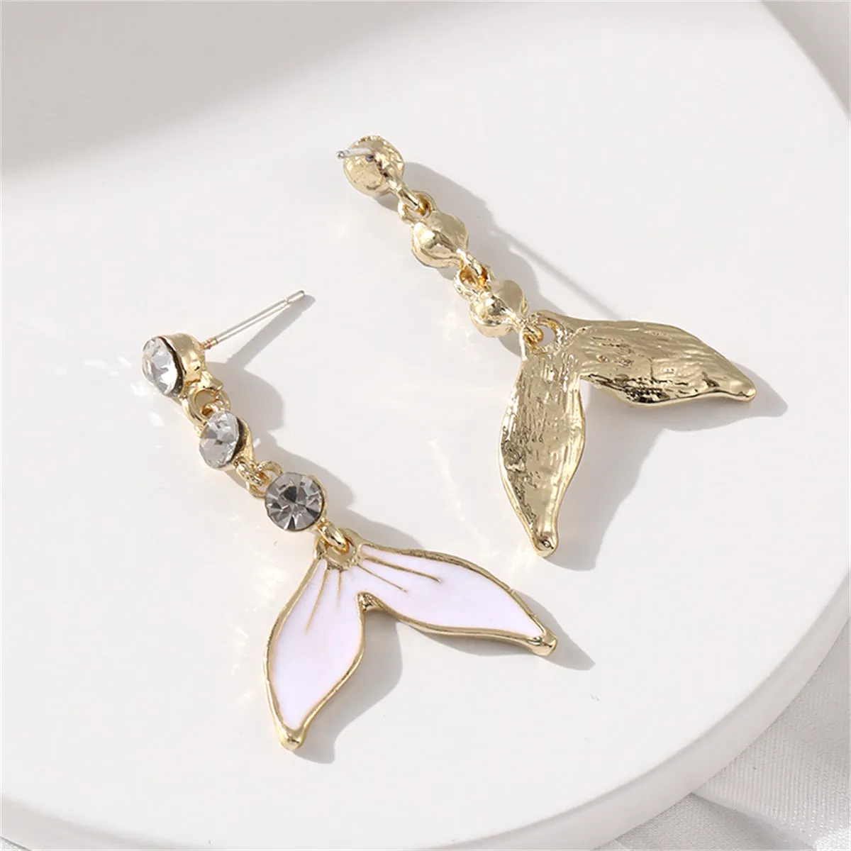 White Enamel & Cubic Zirconia 18K Gold-Plated Fishtail Drop Earrings