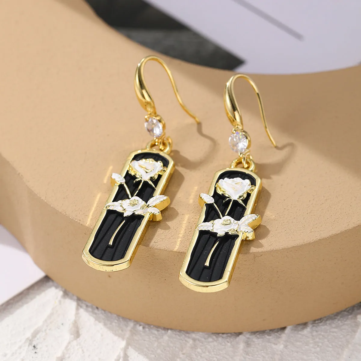 White Enamel & Cubic Zirconia 18K Gold-Plated Floral Bar Drop Earrings