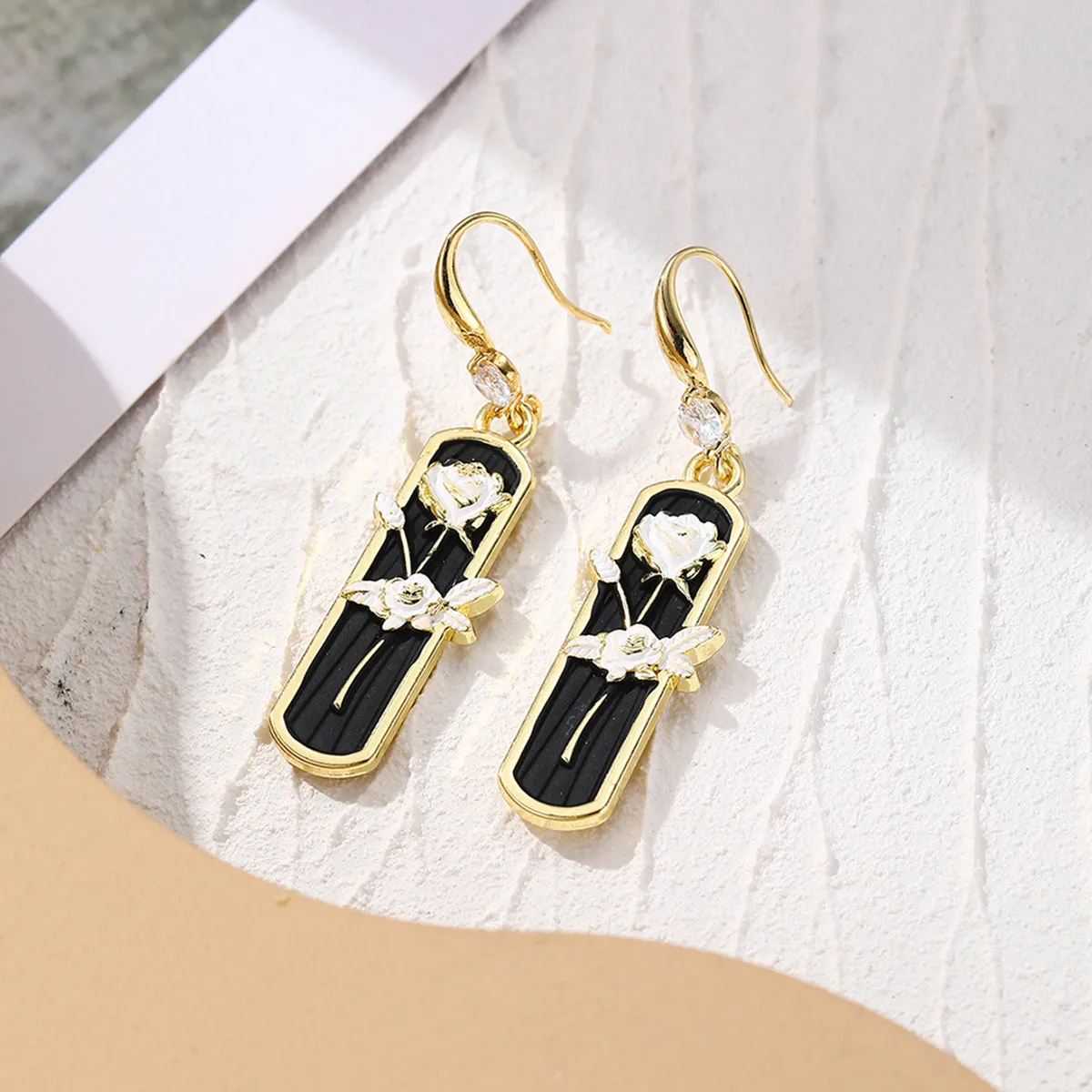 White Enamel & Cubic Zirconia 18K Gold-Plated Floral Bar Drop Earrings