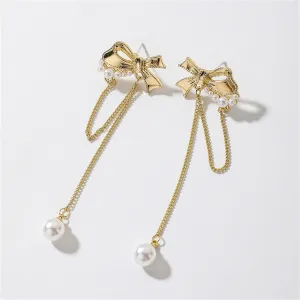White Pearl & 18K Gold-Plated Bow Drop Earrings