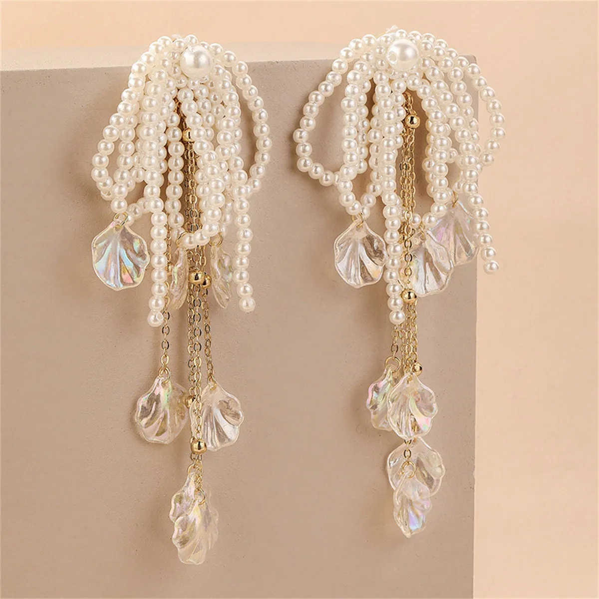 White Pearl & Acrylic 18K Gold-Plated Leaf Tassel Drop Earrings