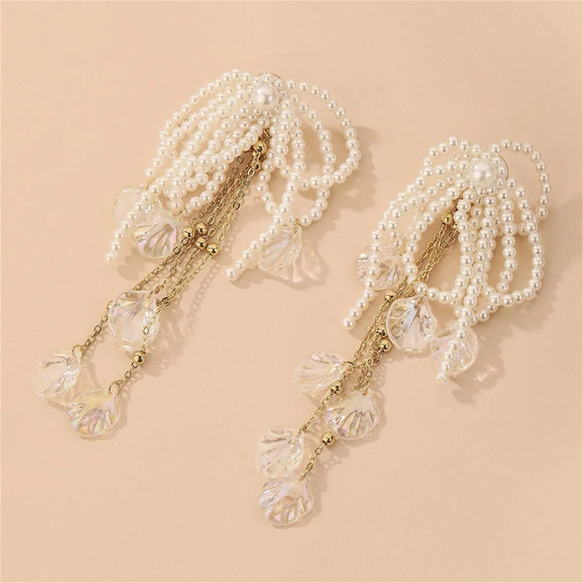 White Pearl & Acrylic 18K Gold-Plated Leaf Tassel Drop Earrings