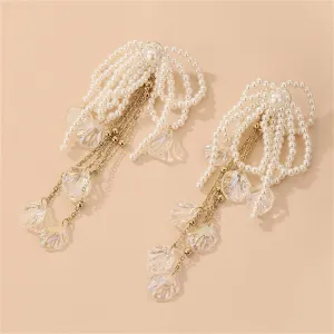 White Pearl & Acrylic 18K Gold-Plated Leaf Tassel Drop Earrings