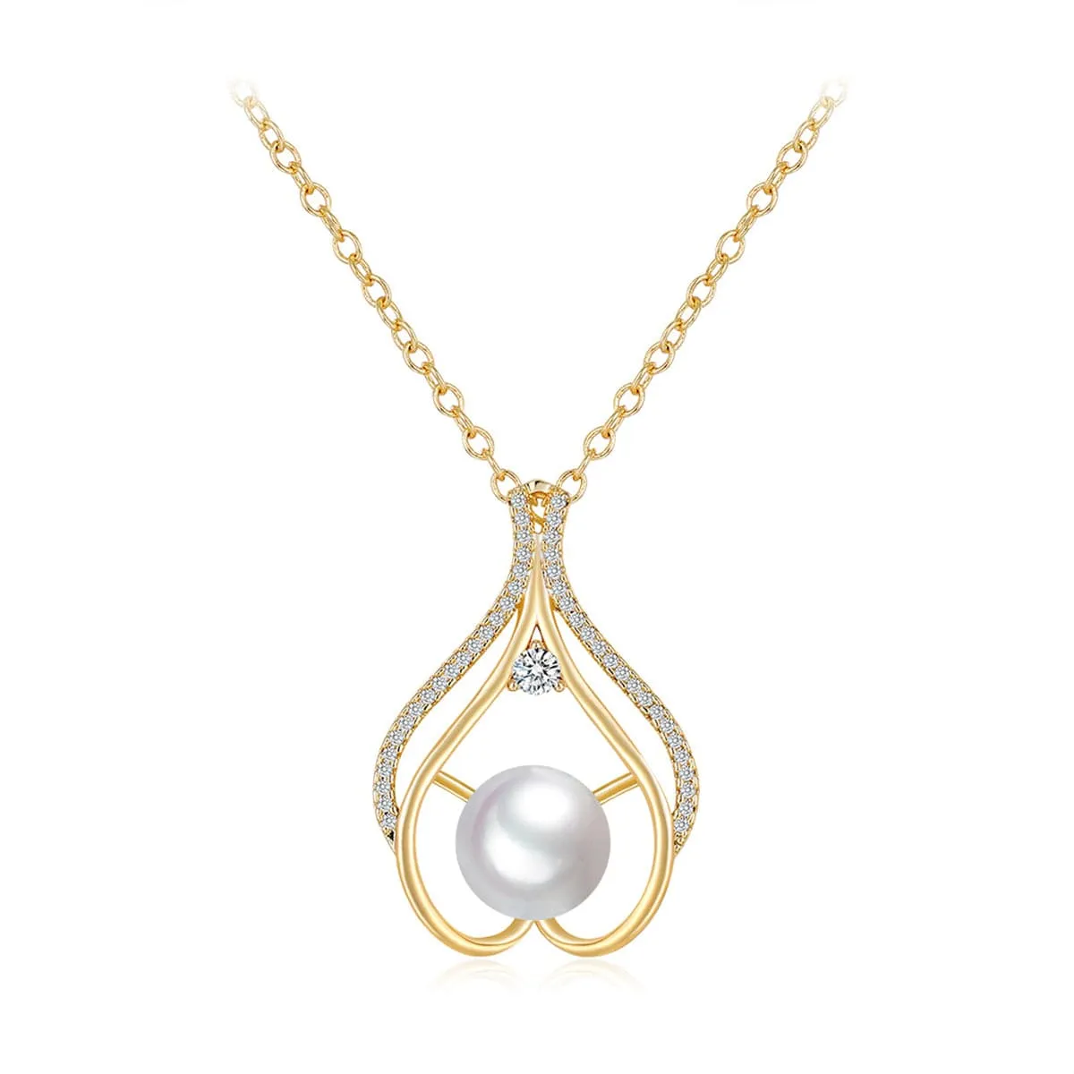White Pearl & Cubic Zirconia 18K Gold-Plated Heart Pendant Necklace