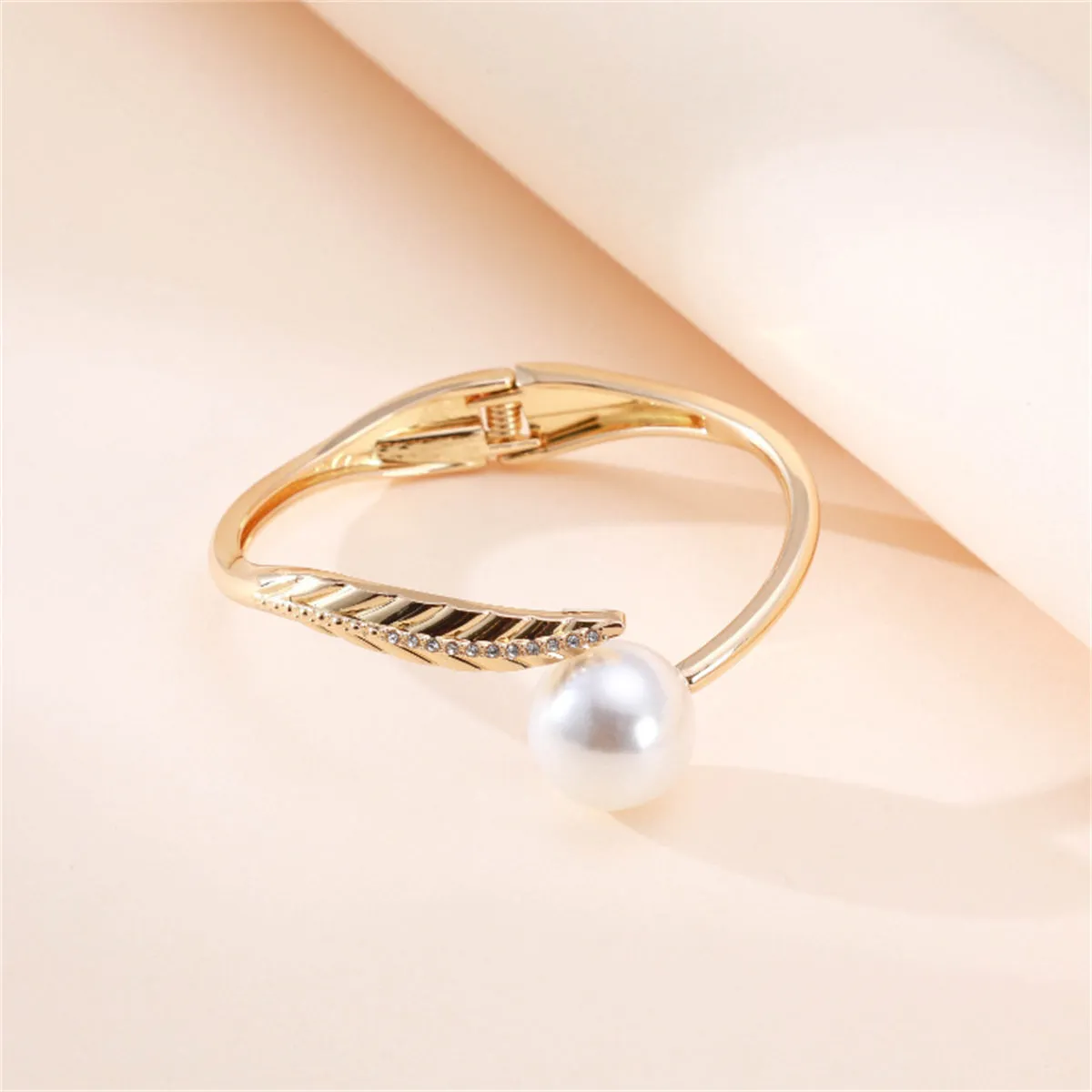 White Pearl & Cubic Zirconia 18K Gold-Plated Leaf Hinge Bangle