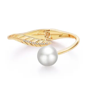 White Pearl & Cubic Zirconia 18K Gold-Plated Leaf Hinge Bangle