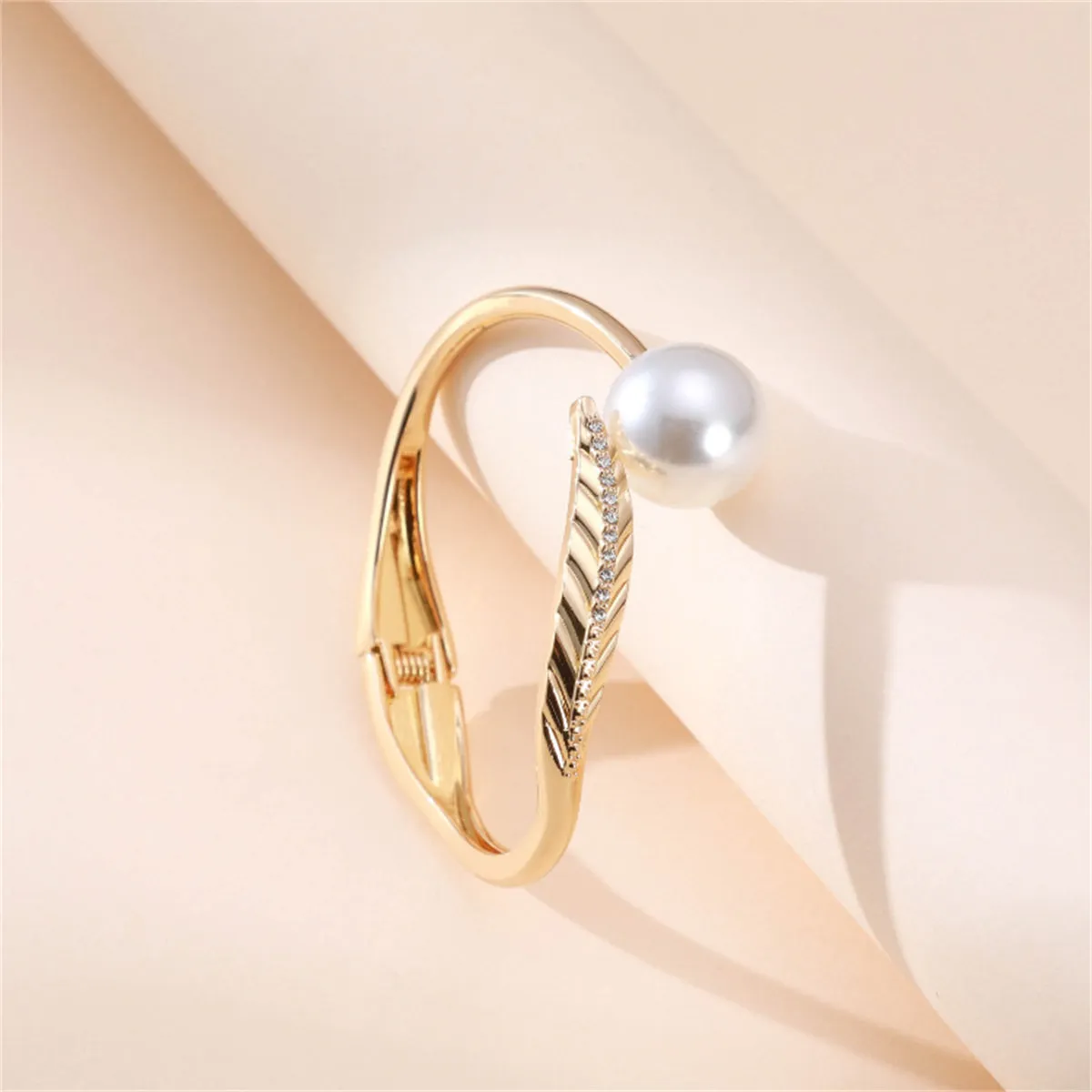 White Pearl & Cubic Zirconia 18K Gold-Plated Leaf Hinge Bangle
