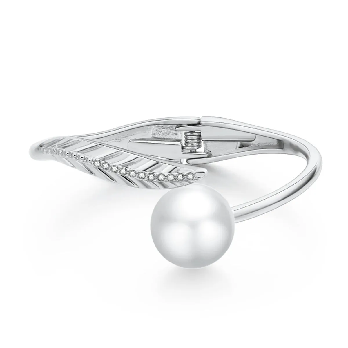 White Pearl & Cubic Zirconia Silver-Plated Leaf Hinge Bangle