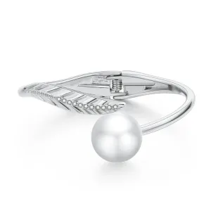 White Pearl & Cubic Zirconia Silver-Plated Leaf Hinge Bangle