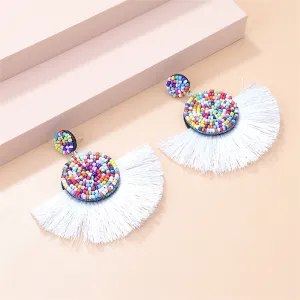 White Polyster & Howlite Fan Tassel Drop Earrings
