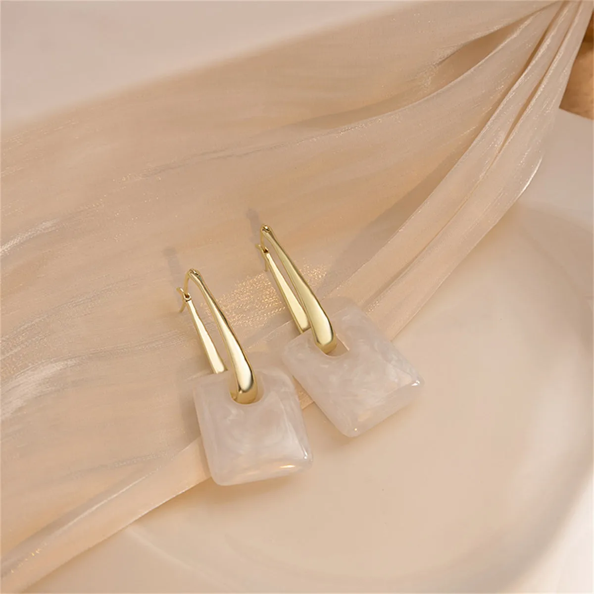White Resin & 18K Gold-Plated Square Huggie Earrings