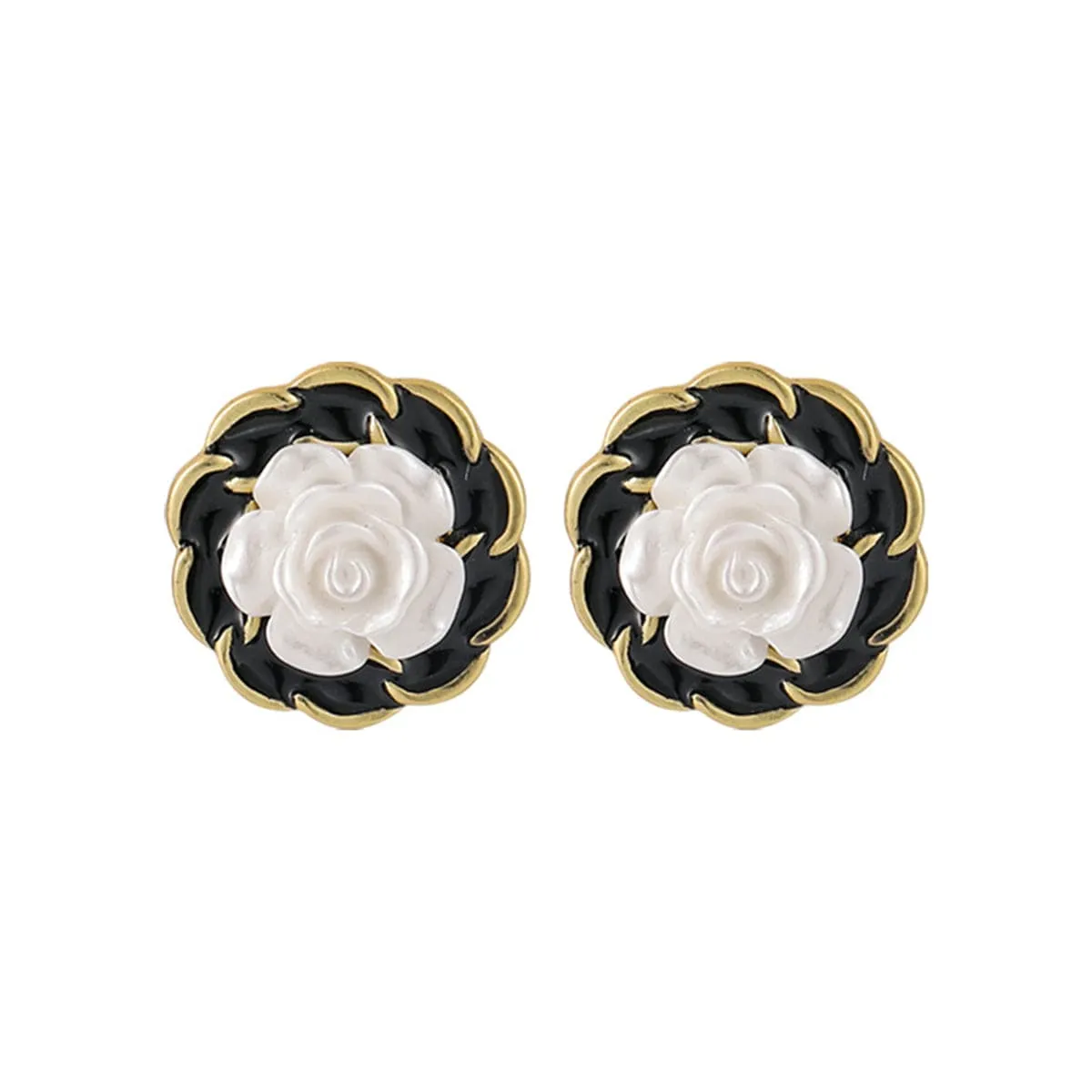 White Resin & Black Enamel 18K Gold-Plated Camellia Stud Earrings