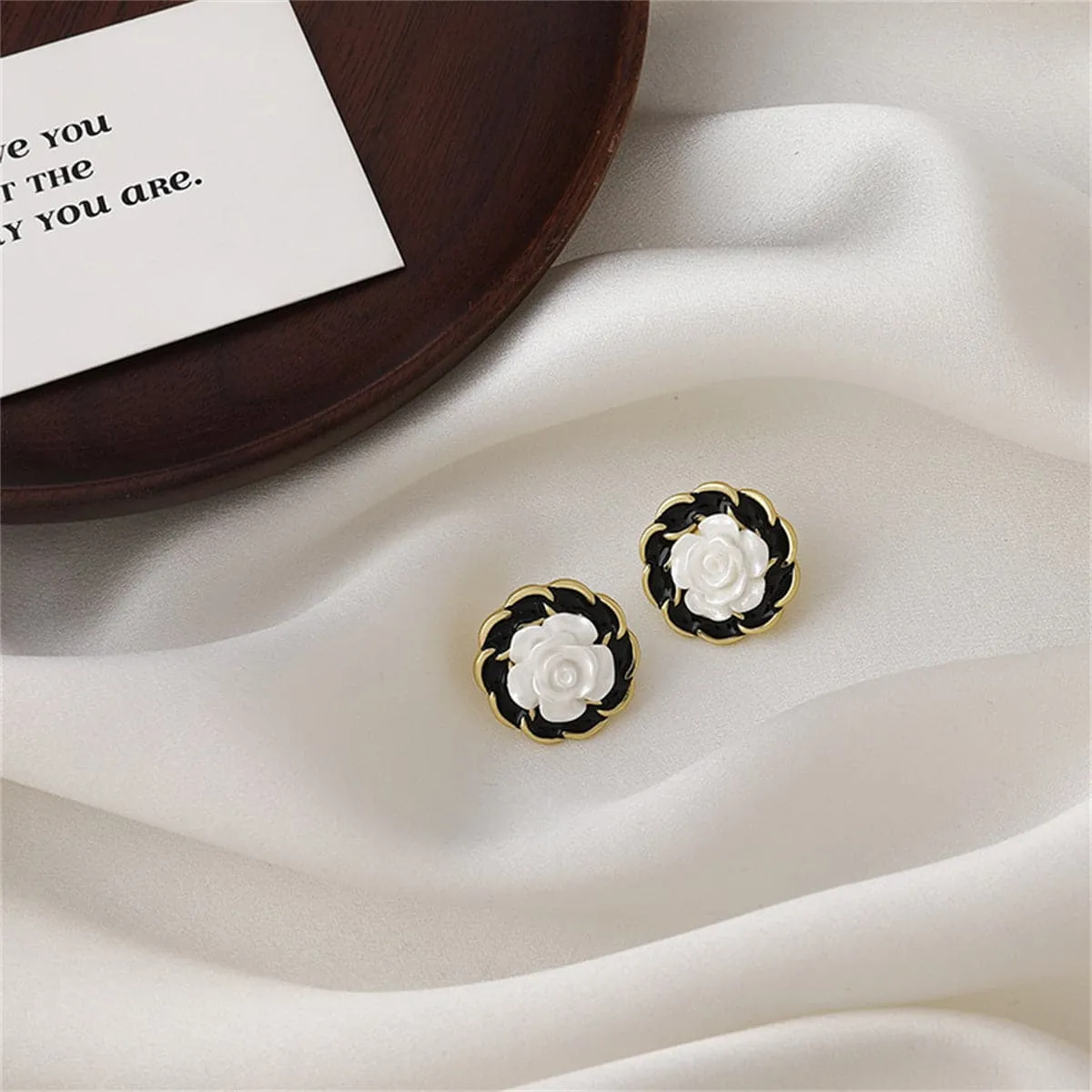 White Resin & Black Enamel 18K Gold-Plated Camellia Stud Earrings