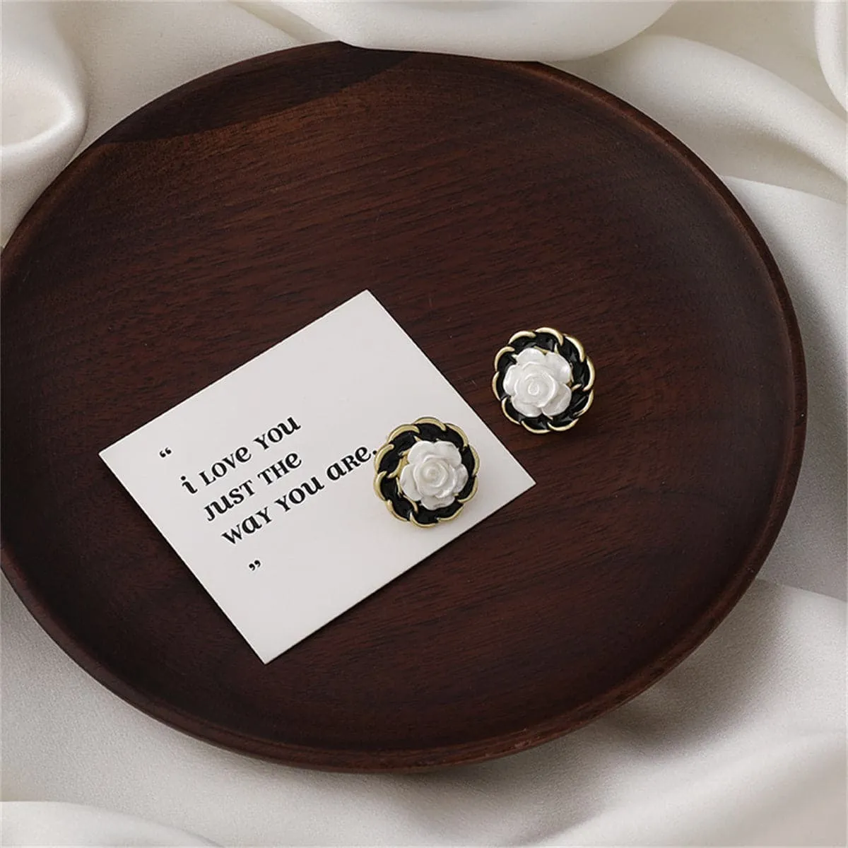 White Resin & Black Enamel 18K Gold-Plated Camellia Stud Earrings