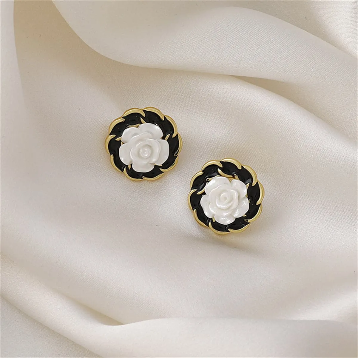 White Resin & Black Enamel 18K Gold-Plated Camellia Stud Earrings