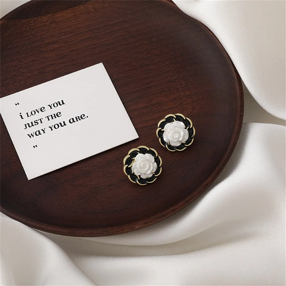 White Resin & Black Enamel 18K Gold-Plated Camellia Stud Earrings