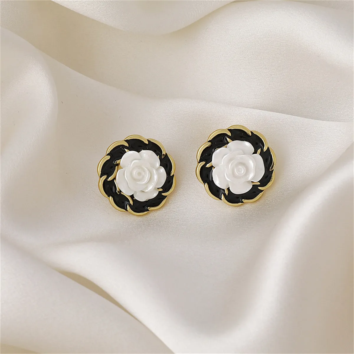 White Resin & Black Enamel 18K Gold-Plated Camellia Stud Earrings