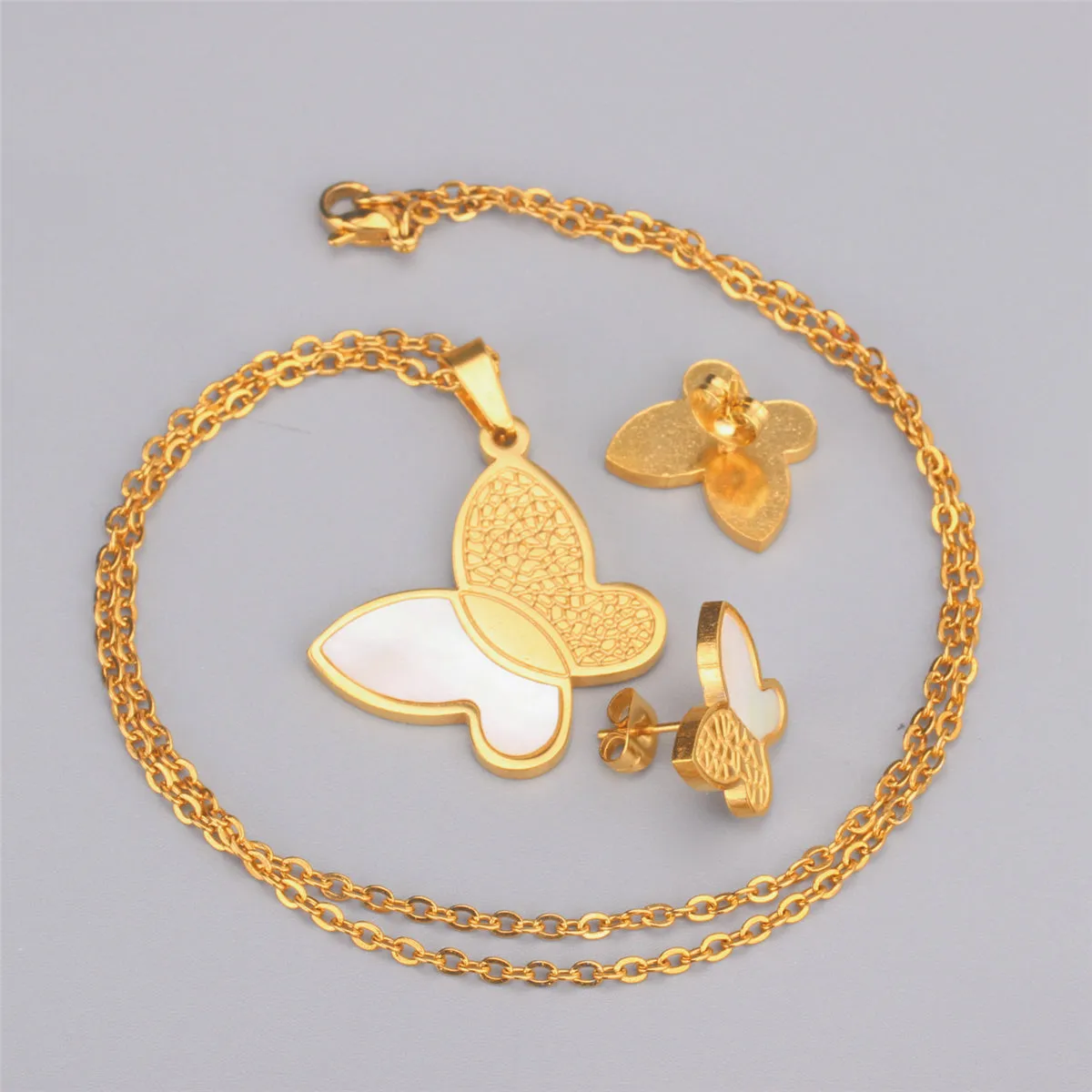 White Shell & 18K Gold-Plated Butterfly Stud Earrings & Pendant Necklace