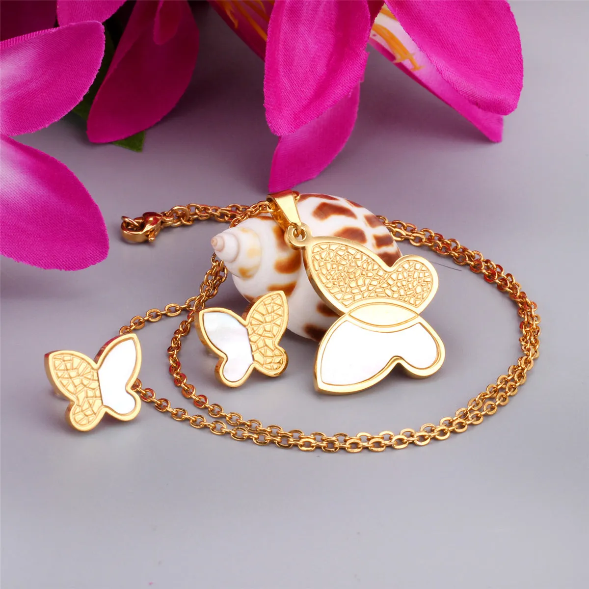 White Shell & 18K Gold-Plated Butterfly Stud Earrings & Pendant Necklace