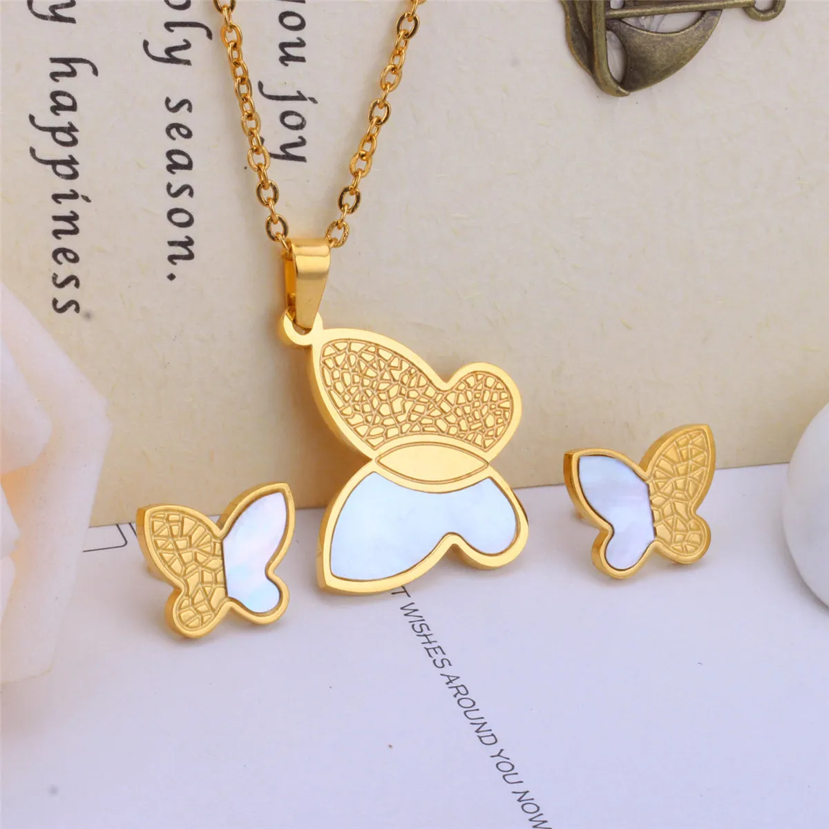 White Shell & 18K Gold-Plated Butterfly Stud Earrings & Pendant Necklace