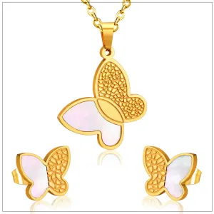 White Shell & 18K Gold-Plated Butterfly Stud Earrings & Pendant Necklace