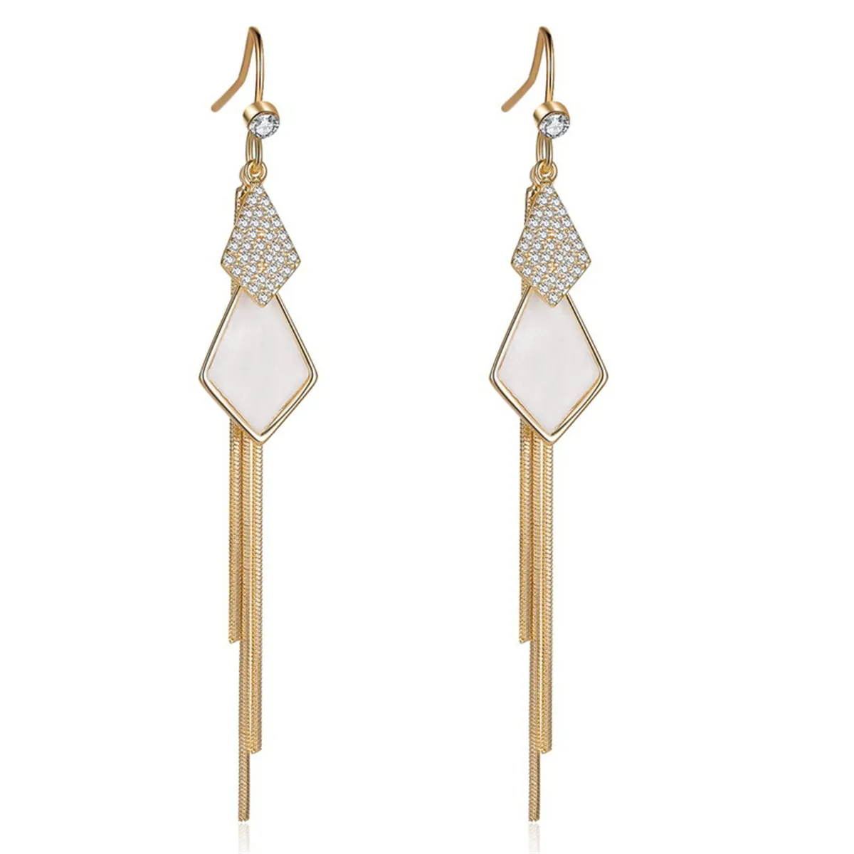 White Shell & Cubic Zirconia 18K Gold-Plated Rhombus Tassel Drop Earrings