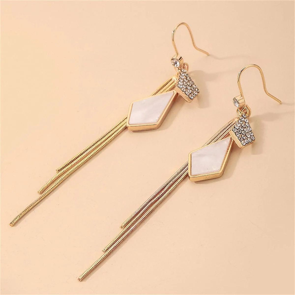 White Shell & Cubic Zirconia 18K Gold-Plated Rhombus Tassel Drop Earrings