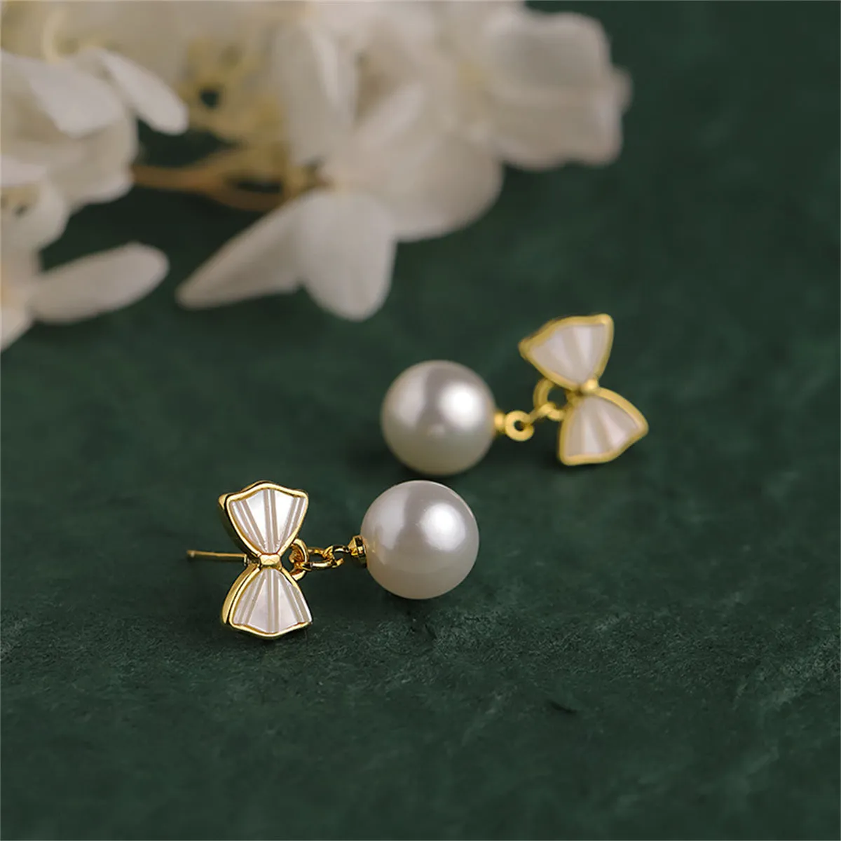 White Shell & Pearl 18K Gold-Plated Bow Round Drop Earrings