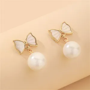 White Shell & Pearl 18K Gold-Plated Bow Round Drop Earrings