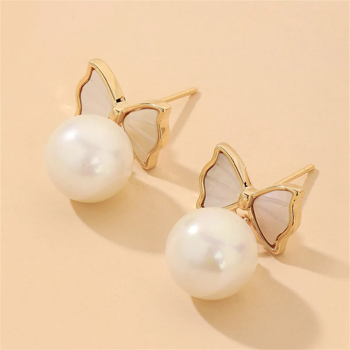 White Shell & Pearl 18K Gold-Plated Bow Round Drop Earrings