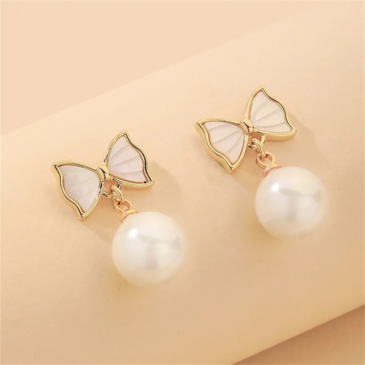 White Shell & Pearl 18K Gold-Plated Bow Round Drop Earrings