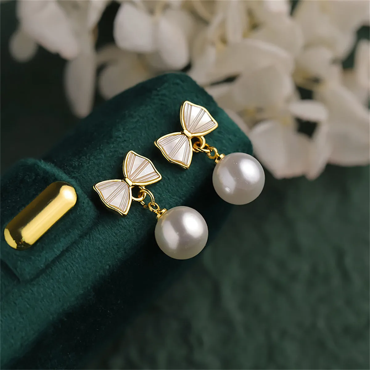 White Shell & Pearl 18K Gold-Plated Bow Round Drop Earrings